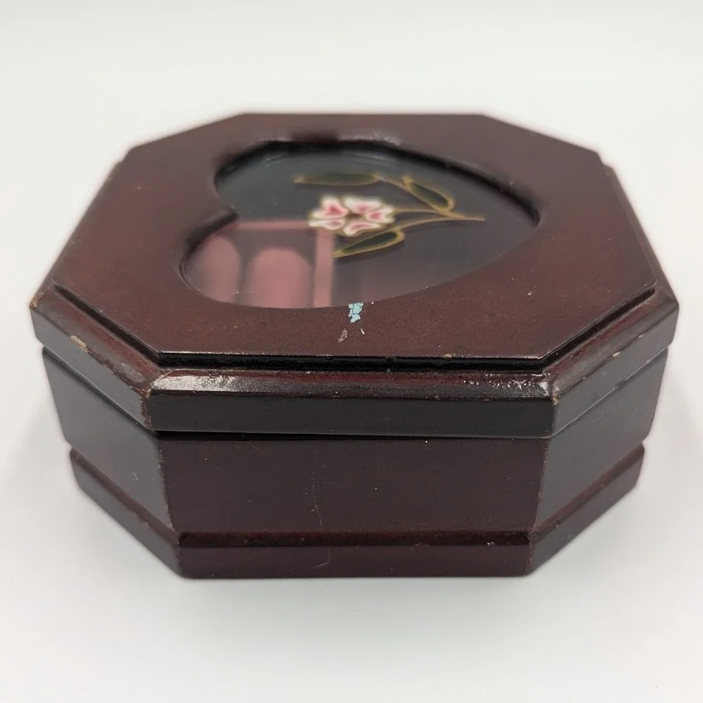 Unbranded Jewelry Box Brown Wood Heart Glass Floral Octagon Trinket Case Small